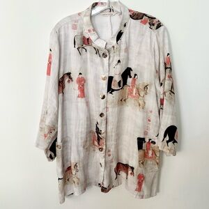 Soft Surroundings Song Dynasty Top Tunic 1X Button Up Horse Art Asian Equestrian